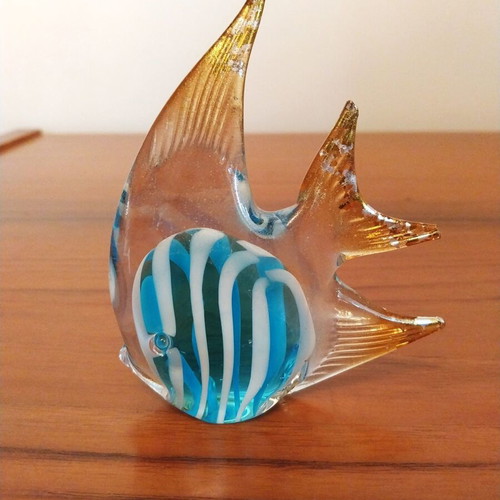 Murano Style Art Glass Fish decoration like new, blue and gold