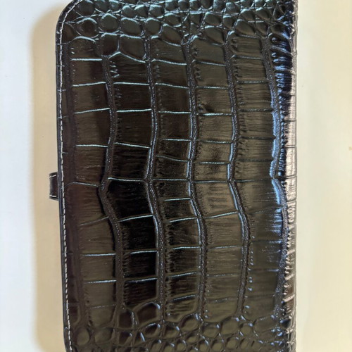 Large black leather Dogon-style wallet with strap and croco texture