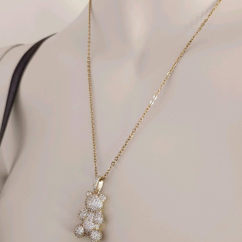 Steel necklace with bear pendant and zircon, handmade