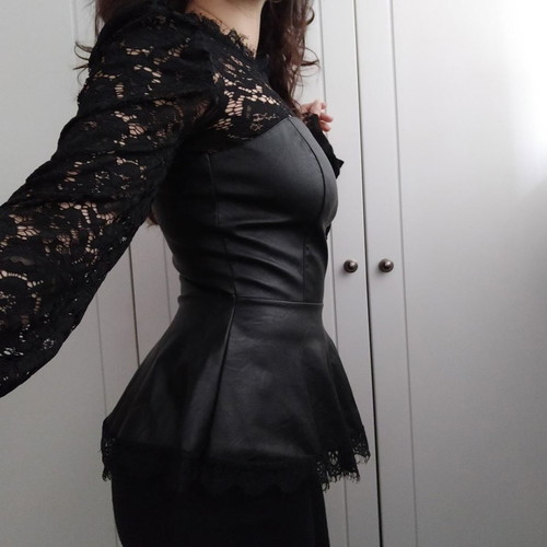 Lace and leatherette blouse used, black, size M
