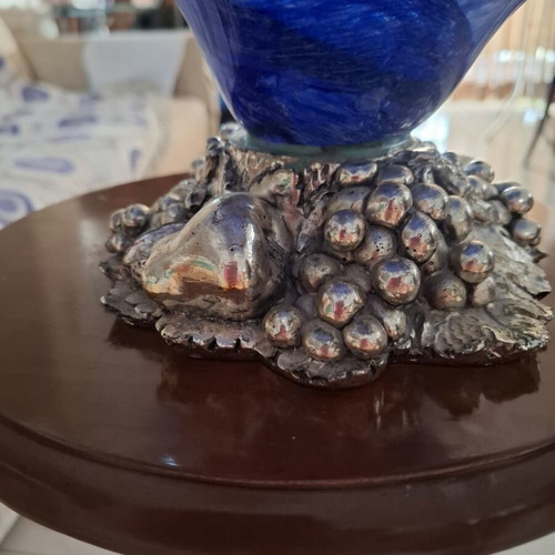 Fruit bowl with blue glass and silver carved fruit base