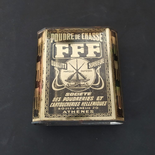 FFF hunting gunpowder tin box, Greek company EPK, 1930s