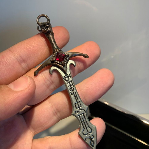 Alchemy Gothic Sword Pendant used, 1993, pewter and crystals