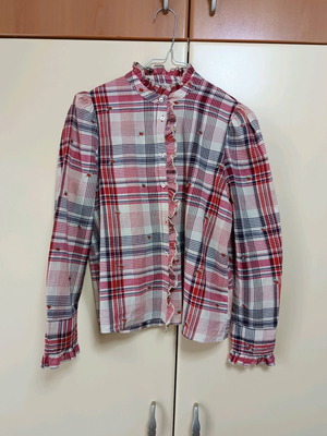 Zara checked shirt red ecru XS-S like new with embroidered flowers