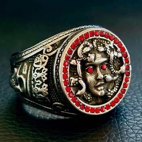 Medusa Gorgon ring, 316L stainless steel with red cubic zirconia