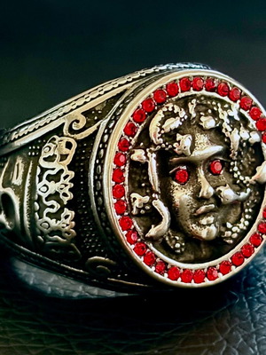 Medusa Gorgon ring, 316L stainless steel with red cubic zirconia