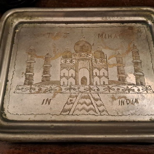 Vintage decorative plate with Taj Mahal engraving used