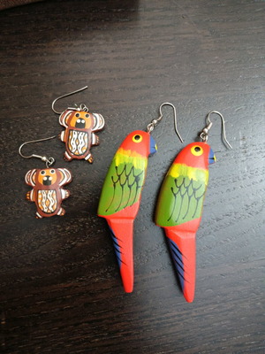 Wooden earrings like new, 2 pairs parrot and koala multicolor