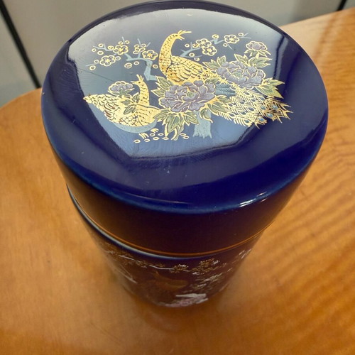 Vintage Japanese porcelain set used, cobalt blue with peacocks