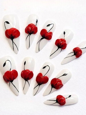3D Handmade Press-On Nails with Red Flowers, Custom Made