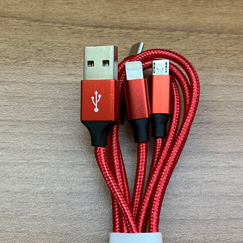 3-in-1 charging cable new, red, USB-C, Micro USB, Lightning