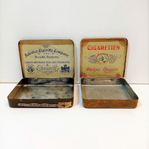 Tin lithographed cigarette cases used, set of 2, early 20th century