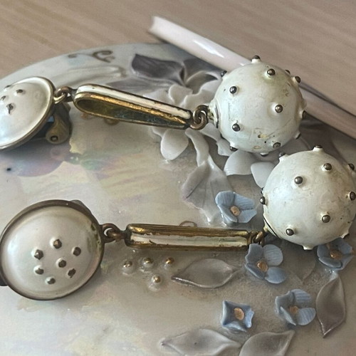 Antique French jewelry set used, clip earrings and enamel bracelet