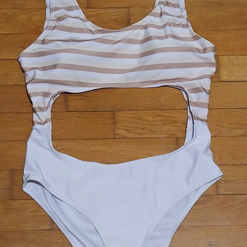 Badu striped one-piece swimsuit with cut-out, white and beige, size Medium