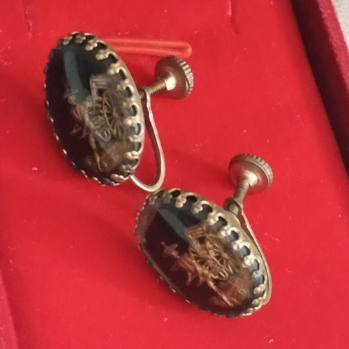 Antique bronze earrings with painted glass, used