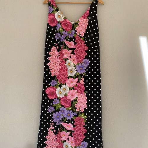 80’s Maxi Floral Handmade Dress like new, black polka dot with multicolor flowers