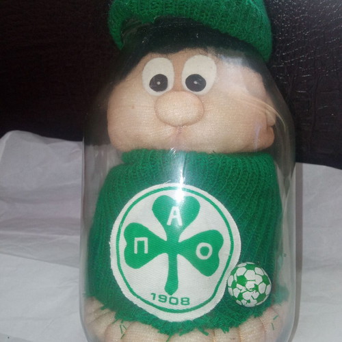 Vintage Panathinaikos doll in glass jar like new