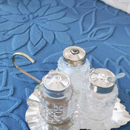 Salt and pepper set with mustard holder silver plated used
