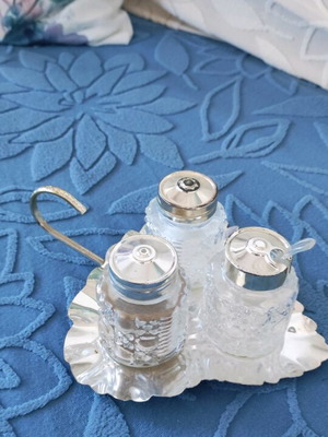 Salt and pepper set with mustard holder silver plated used