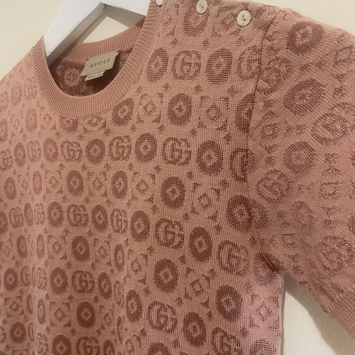 Gucci dress, warm pink wool with GG monogram and pleated skirt