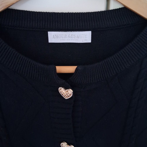 Viscose cardigan with knit patterns and heart-shaped rhinestone buttons, new