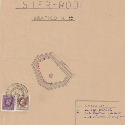 Document and graphic sketch used (1939) of Rhodes city market with 2 C.I.E.R stamps