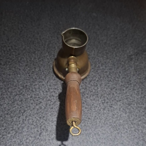 Brass cezve with wooden handle used, vintage Greek coffee pot