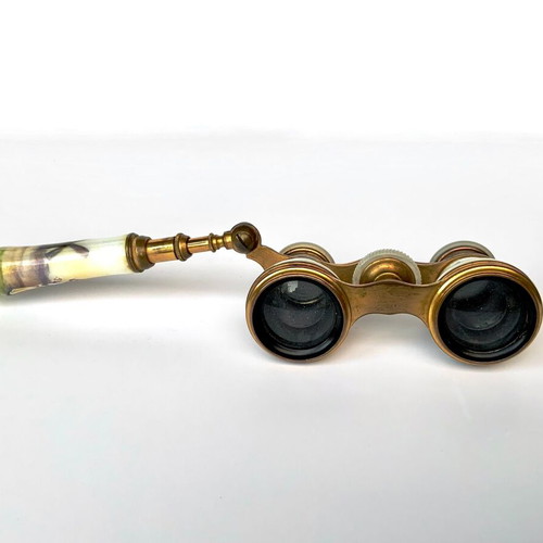 Porcelain brass mother of pearl opera glasses used antique French c.1850-1900