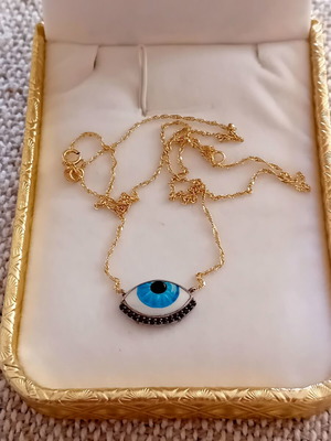 Gold necklace 585 14K with blue enamel eye, like new