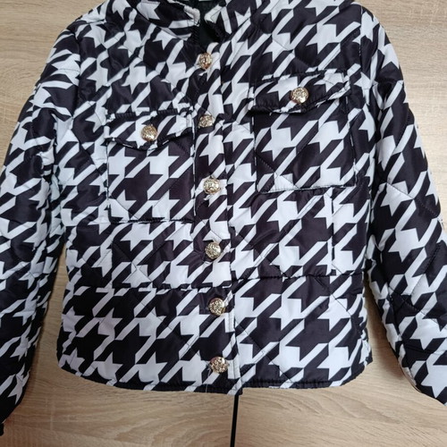 Transitional jacket with black and white houndstooth pattern restored, size S