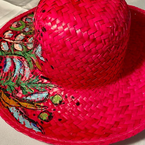 Fuchsia hat hand-painted unique, adjustable size