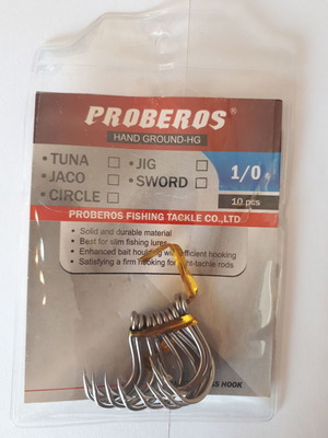 Proberos Single Reinforced Fishing Hooks 1/0 with Ring, Pack of 10
