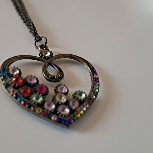 Vintage heart pendant necklace with colorful rhinestones used