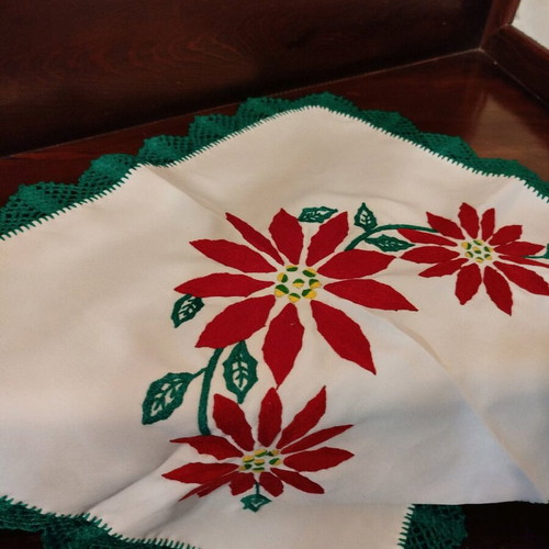 Christmas handmade vintage tablecloth used with embroidery and knitted border