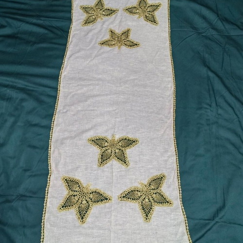 Vintage 60s handmade table runner set with gold butterflies and lace, 2 doilies like new