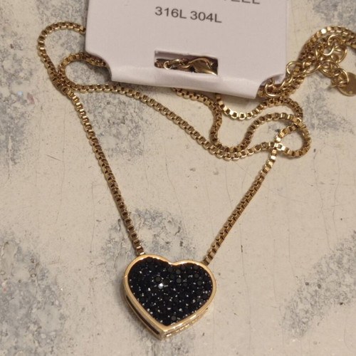 Stainless Steel Heart Necklace with Black Strass, new