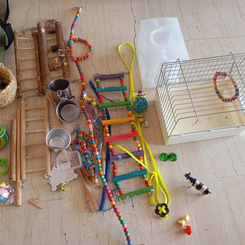 Bird accessories and toys set with transport bag like new
