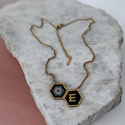 Steel monogram necklace with miyuki eye pendant made to order, black and gold