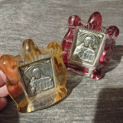 Glass religious icons used, set of two with Christ