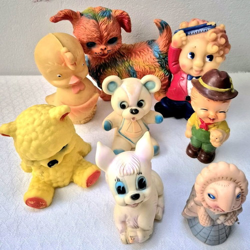 Vintage squeaky toys set of 8, used plastic and rubber figures