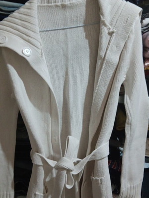 Knit long cardigan used, white and beige, size M
