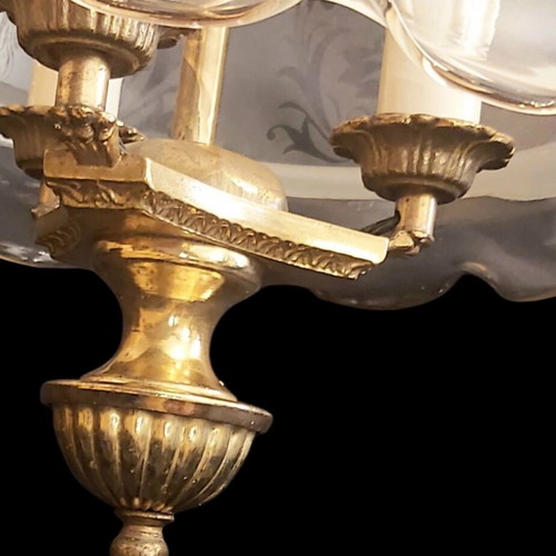 Vintage 1970 3-light ceiling lamps like new with frosted glass and brass details