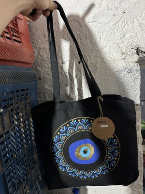 Fabric bag new, black with decorative eye design