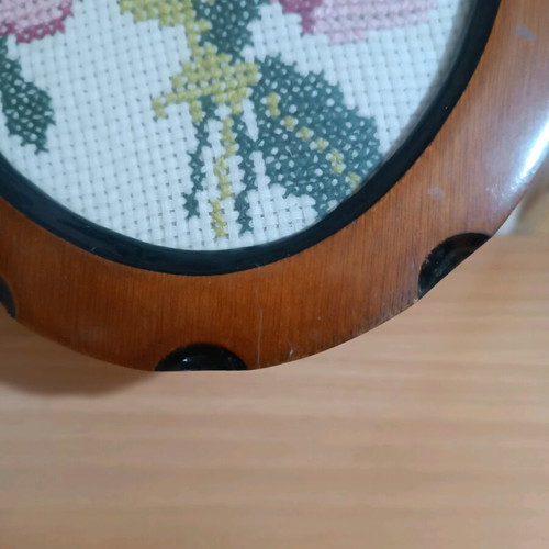Vintage embroidered oval frames set of 2 with pink roses, used
