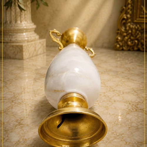 Amphora vase with gold metal details and marble body, retro decor
