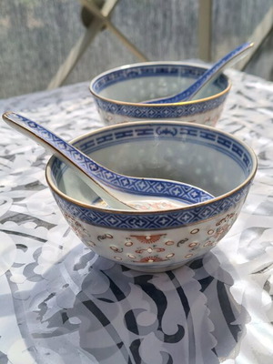 Vintage Chinese porcelain container set of 2 new with bowls and spoons