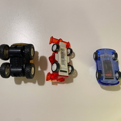 Toy cars with pullback wind-up mechanism used, pack of 3