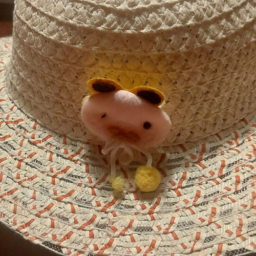 Girls hat ecru like new with red stripes and pink teddy bear