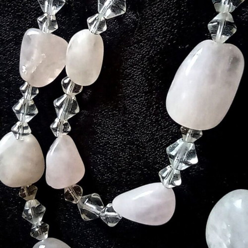 Vintage Handmade Necklace with Natural Rose Quartz and Faceted Crystals 59cm