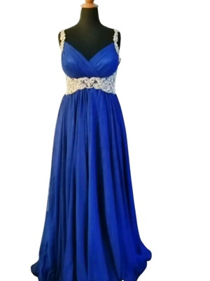 Maxi dress blue royal like new with pearls and tulle